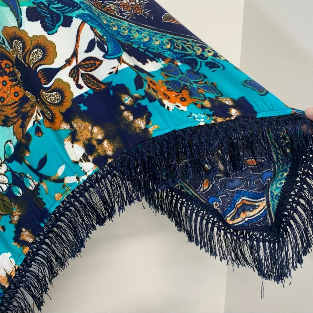 Chicos Fringe Poncho Top‎ OS  Blue Floral Lightweight Boho Fairy Tropical Travel - Picture 3 of 8